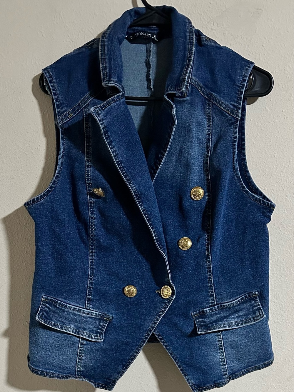 Dictionary Cotton Blend Sleeveless Double-Breasted Denim Vest in Dark Blue